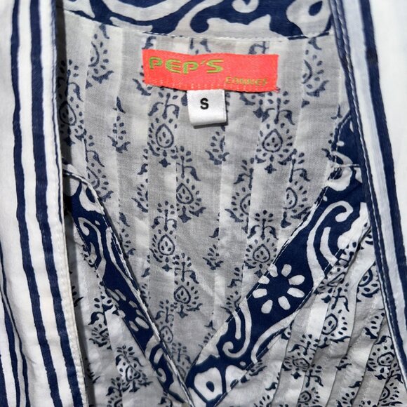 Pep's Cannes Printed Blue Flutter Mini Dress Tunic Belted Cotton Size Small - Picture 3 of 7